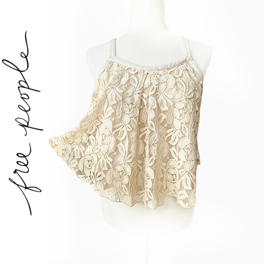 Free People Floral Lace Cropped Strappy Top Ivory Lace Swing Top Blouse Sz S